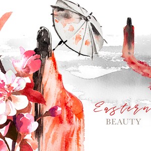 Aquarell Östliche Schönheit Clipart Set, China, Japan, Kultur, Architektur,Sakura Blüte,Kirschblüte,Traditionell,Mädchen,Landscpe,Asien,Png