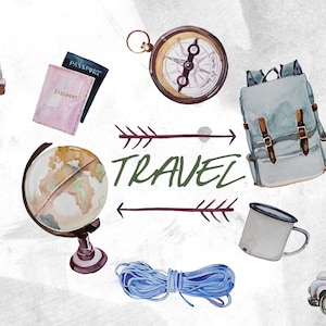 Ensemble de cliparts de voyage aquarelle, véhicules rétro, été, camping, cliparts de voyage, boussole, globe terrestre, sac à dos, scrapbooking numérique, remorque vintage