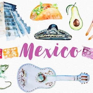 Watercolor Mexico Clipart Set,Mexican,Country,Map,Travel,Trip,Vacation,Culture,Avocado,Mayan Temple,Tequila,Taco,Nachos,Iguana,Sombrero