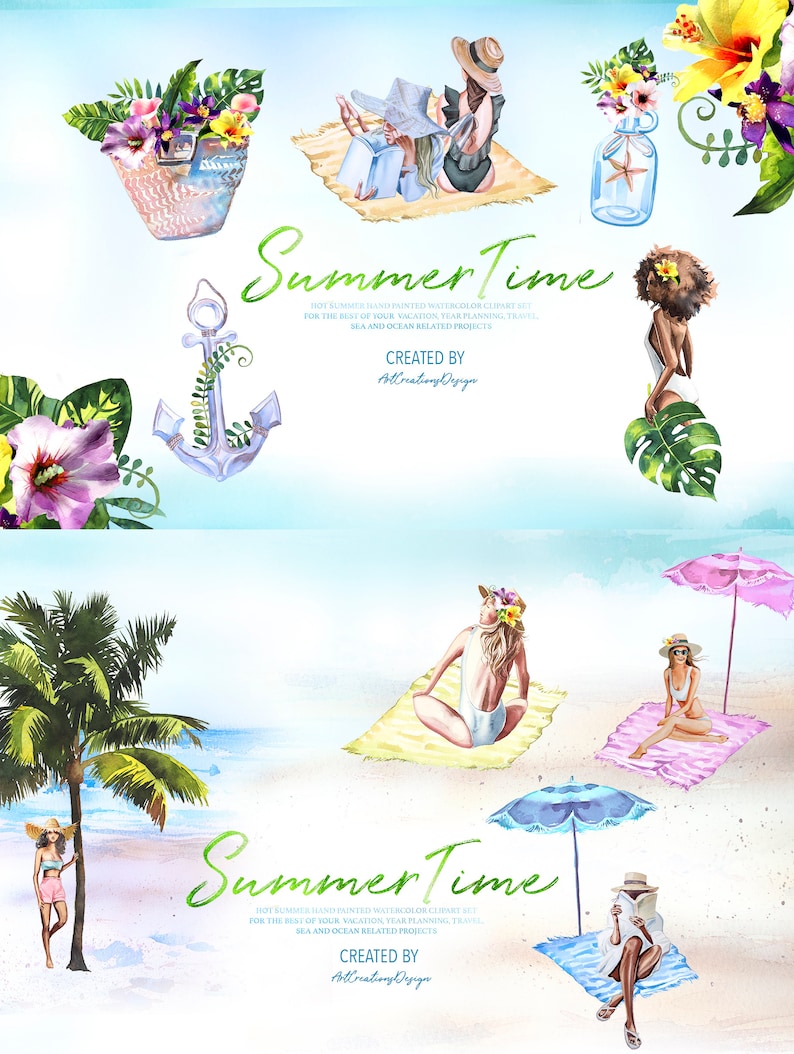 May include: Watercolor clipart set with a summer theme. The image features illustrations of people on the beach, floral arrangements, and beach accessories. Text reads "Summer Time" and "Created by ArtCreationsDesign".