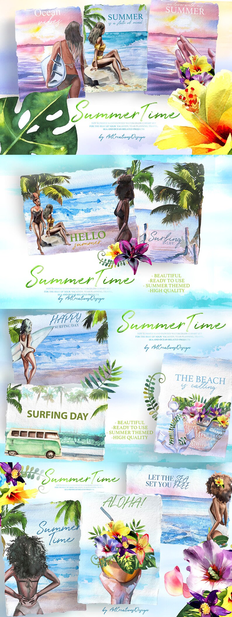 May include: Watercolor illustrations with a summer theme. The images feature beach scenes, palm trees, and women in swimwear. Text includes "Summer Time", "Hello Summer", "Surfing Day", and "Aloha!"