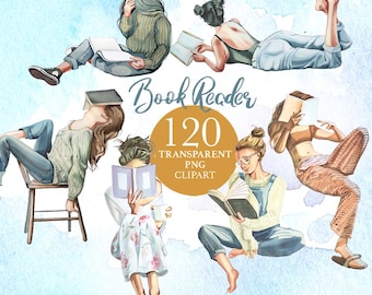 Op de afbeelding: Een digitale collectie van aquarelillustraties met verschillende figuren die boeken lezen in diverse houdingen, waaronder zittend, liggend en op een stoel, met de tekst Book Reader 120 TRANSPARENT PNG CLIPART.