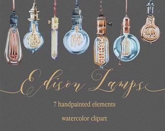 Aquarell Edison Lamps Clipart, handgemalte Clipart, Hochzeit DIY, Design-Elemente, bedruckbar, Digitaldruck, Glühbirnen, Lichter, Girlande, Transparent, PNG