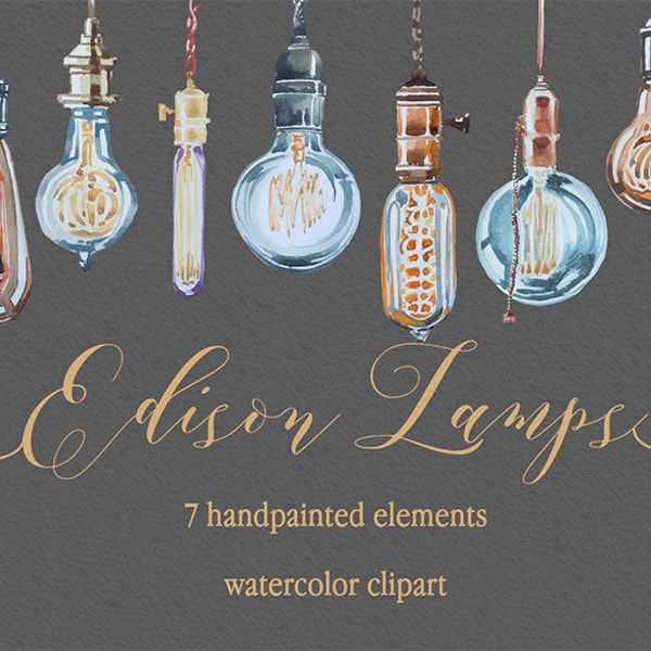 Aquarelle Edison Lampes Clipart, Clipart peint à la main, Mariage DIY, Éléments de conception, Imprimable, Impression numérique, Ampoules, Lumières, Guirlande, Transparent, PNG
