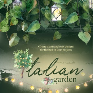 Watercolor Italian Garden Clipart Set,Greenery,Vinage Lights,Retro Lanterns,Cafe,Widding Stationery,Old Houses,Landscape,Countryside,Church