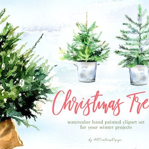 Clipart de árvore de Natal em aquarela | Ilustração de pinheiro e abeto de inverno para diário de recortes natalinos