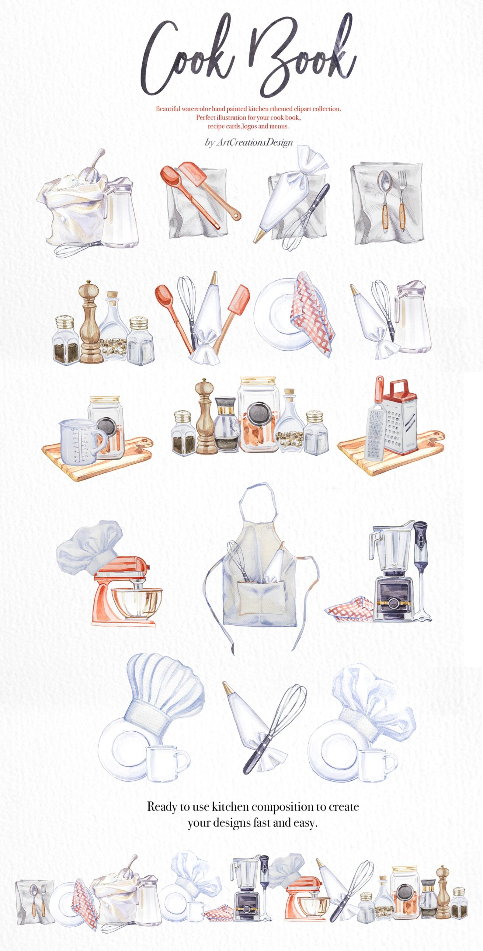 Cookbook Tools Watercolor Cook Book Clipart Set,cookbook Cover,kitchen Utencils ...