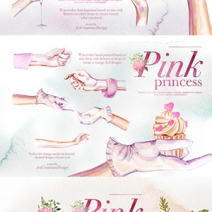 May include: A watercolour illustration featuring hands holding a champagne flute, a compact mirror, and a cupcake. The text "Pink princess" is displayed in pink, with floral accents. Created by ArtCreationsDesign.