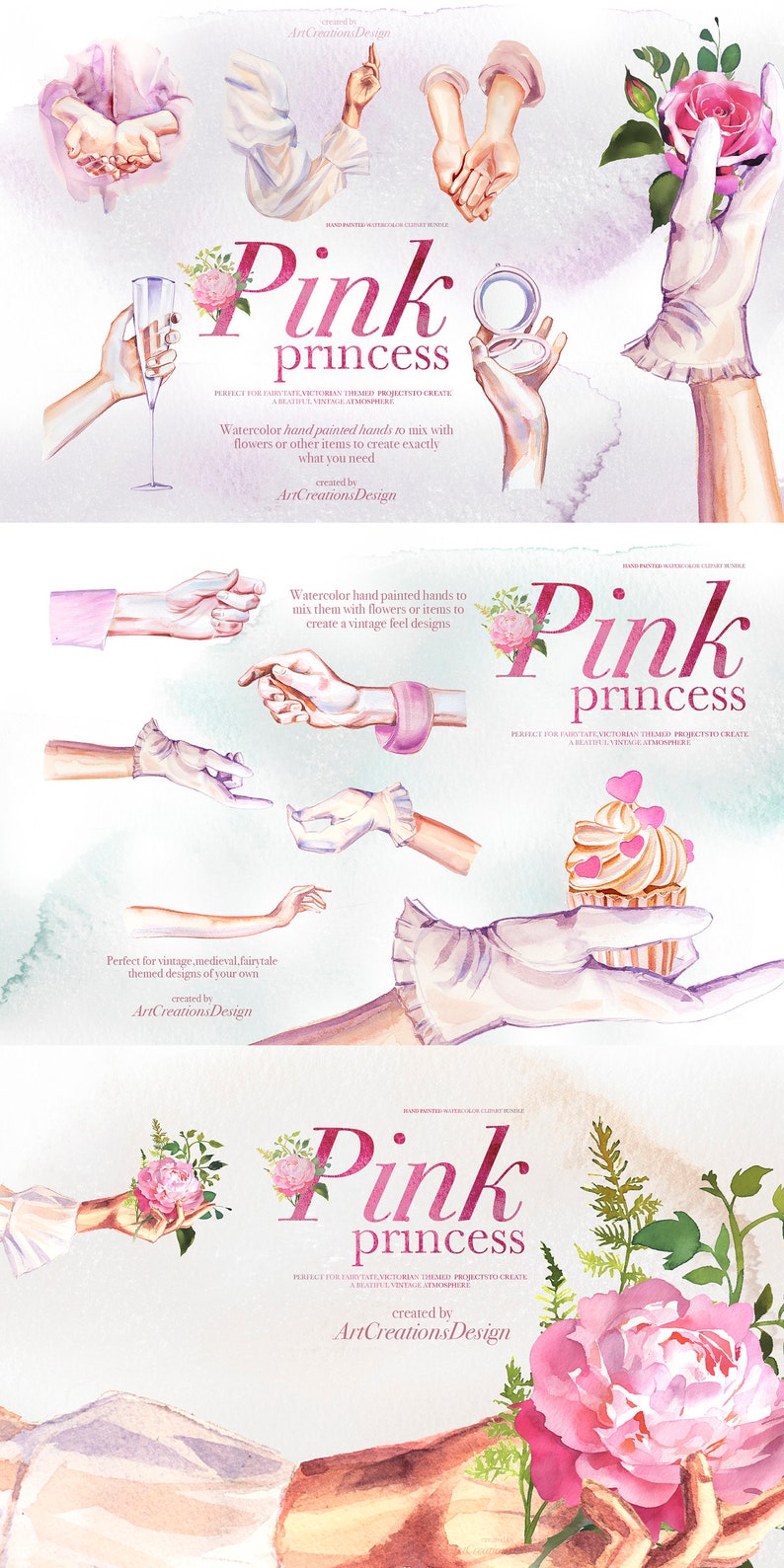 May include: A watercolour illustration featuring hands holding a champagne flute, a compact mirror, and a cupcake. The text "Pink princess" is displayed in pink, with floral accents. Created by ArtCreationsDesign.