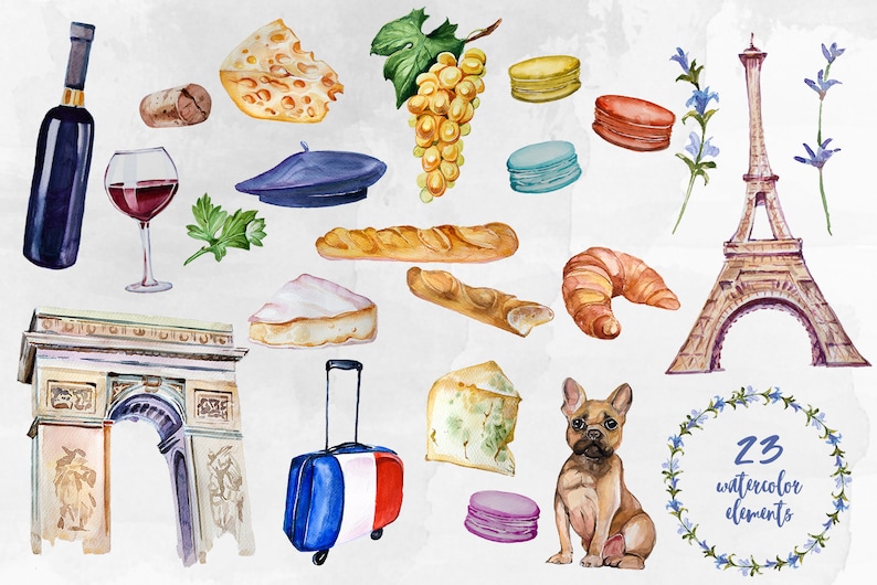 Watercolor France Clipart Set,Eiffel Tower,Paris,Macaroon,Wine,Cheese,Triumphal Arch,Flag,Case,Croissant,Scrapbooking,Summer Clipart,PNG