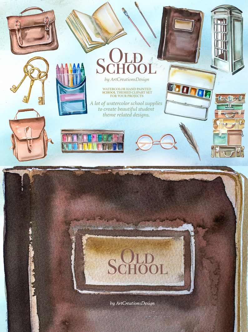K&ouml;nnte beinhalten: Aquarellillustration von Vintage-Schulmaterialien, darunter eine Schultasche, ein offenes Buch, Pinsel und eine Telefonzelle. Der Text "OLD SCHOOL" wird zusammen mit dem Satz "WATERCOLOR HAND PAINTED SCHOOL THEMED CLIPART SET" angezeigt.