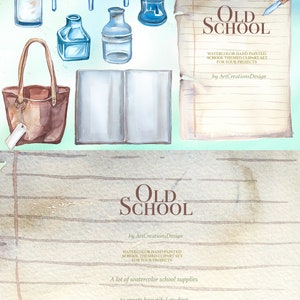 K&ouml;nnte beinhalten: Aquarell-Illustration mit Elementen zum Thema Schule. Enth&auml;lt Tintenf&auml;sser, Federn, eine braune Ledertasche, ein offenes Notizbuch und zerrissenes Papier mit dem Text "OLD SCHOOL". Das Bild hat eine Vintage-&Auml;sthetik.
