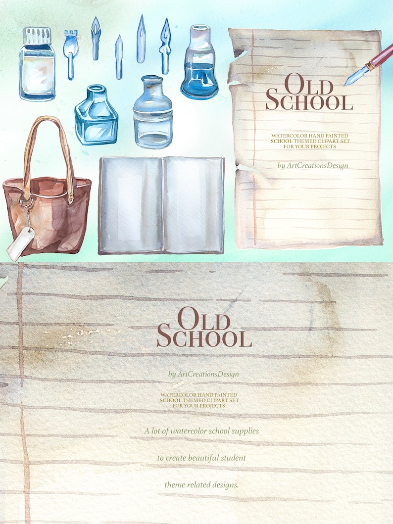 K&ouml;nnte beinhalten: Aquarell-Illustration mit Elementen zum Thema Schule. Enth&auml;lt Tintenf&auml;sser, Federn, eine braune Ledertasche, ein offenes Notizbuch und zerrissenes Papier mit dem Text "OLD SCHOOL". Das Bild hat eine Vintage-&Auml;sthetik.