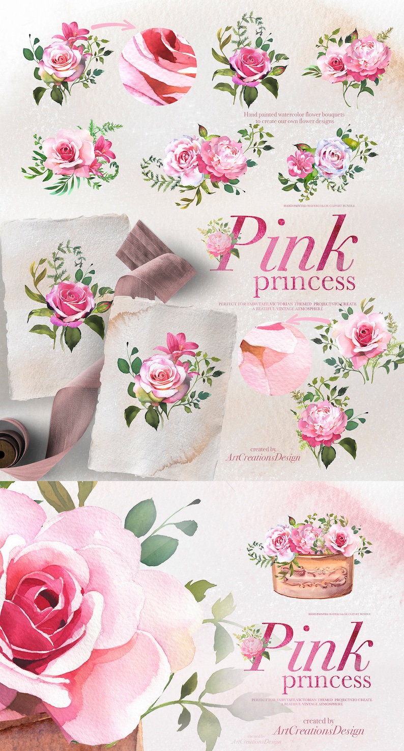 May include: Watercolour flower bouquets in shades of pink and green, featuring roses and other flowers. The image includes the text "Pink princess" and "Hand painted watercolour flower bouquets to create our own flower designs."