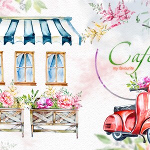 Watercolor My Favourite Cafe Clipart Set,Retro,Vespa,Italy,France,Provence,Flowers, Peony,Restraunt,Vintage,Street,Bicycle,Lights,Wedding
