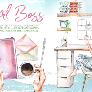 Conjunto de imágenes prediseñadas de acuarela Girl Boss, mamá trabajadora, profesional independiente, blogger, trabajo desde casa, trabajo de PC, computadora portátil, escritorio plano, suministros de oficina, moda, planta