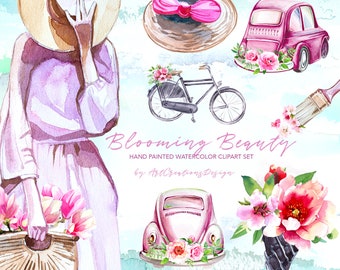 Aquarel bloeiende Beauty Clipart Set, Sublimatie, Planner Clipart, Meisjes, Bloemen, Fashion Illustratie, Retro Auto, Roze Design, Vrouwelijke, Fiets