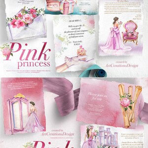 May include: A collection of watercolour illustrations featuring a 'Pink Princess' theme. The designs include invitations and cards with images of a woman in a pink gown, a castle, and floral arrangements. Text includes event details.