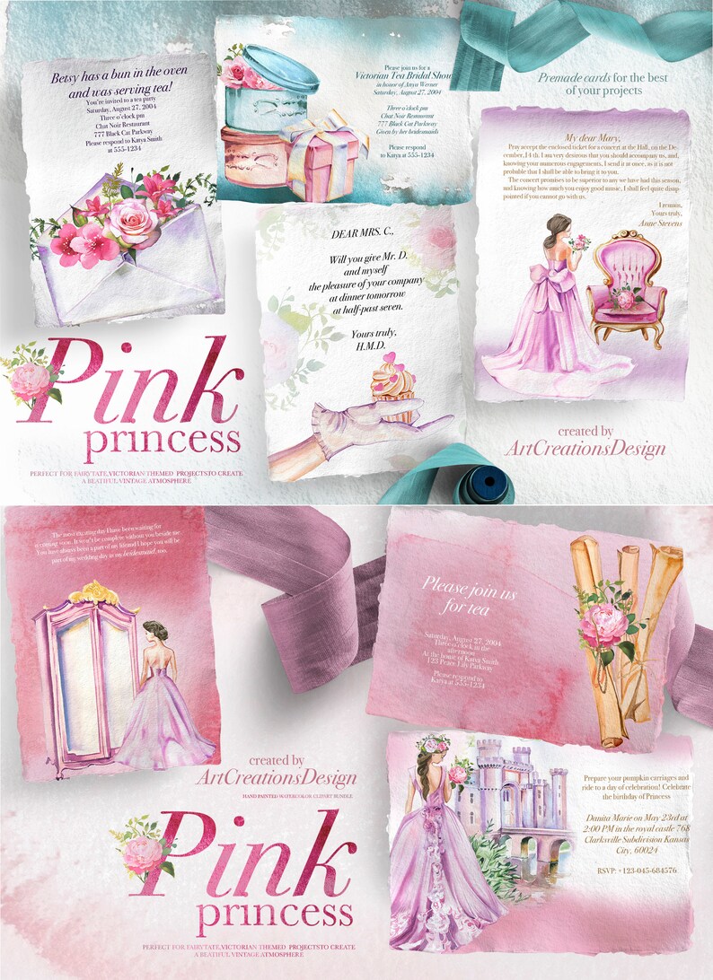 May include: A collection of watercolour illustrations featuring a 'Pink Princess' theme. The designs include invitations and cards with images of a woman in a pink gown, a castle, and floral arrangements. Text includes event details.