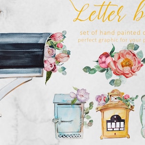 Acuarela Vintage Letter Box Clipart Set, Buzón, Buzón Retro, Flores, Rosa, Pionías, Hoja, Ramo, Scrapbooking Digital, PNG, Transparente