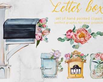Aquarell Briefkasten Clipart-Set, Vintage Briefkasten, Blumenstrauß (PNG)