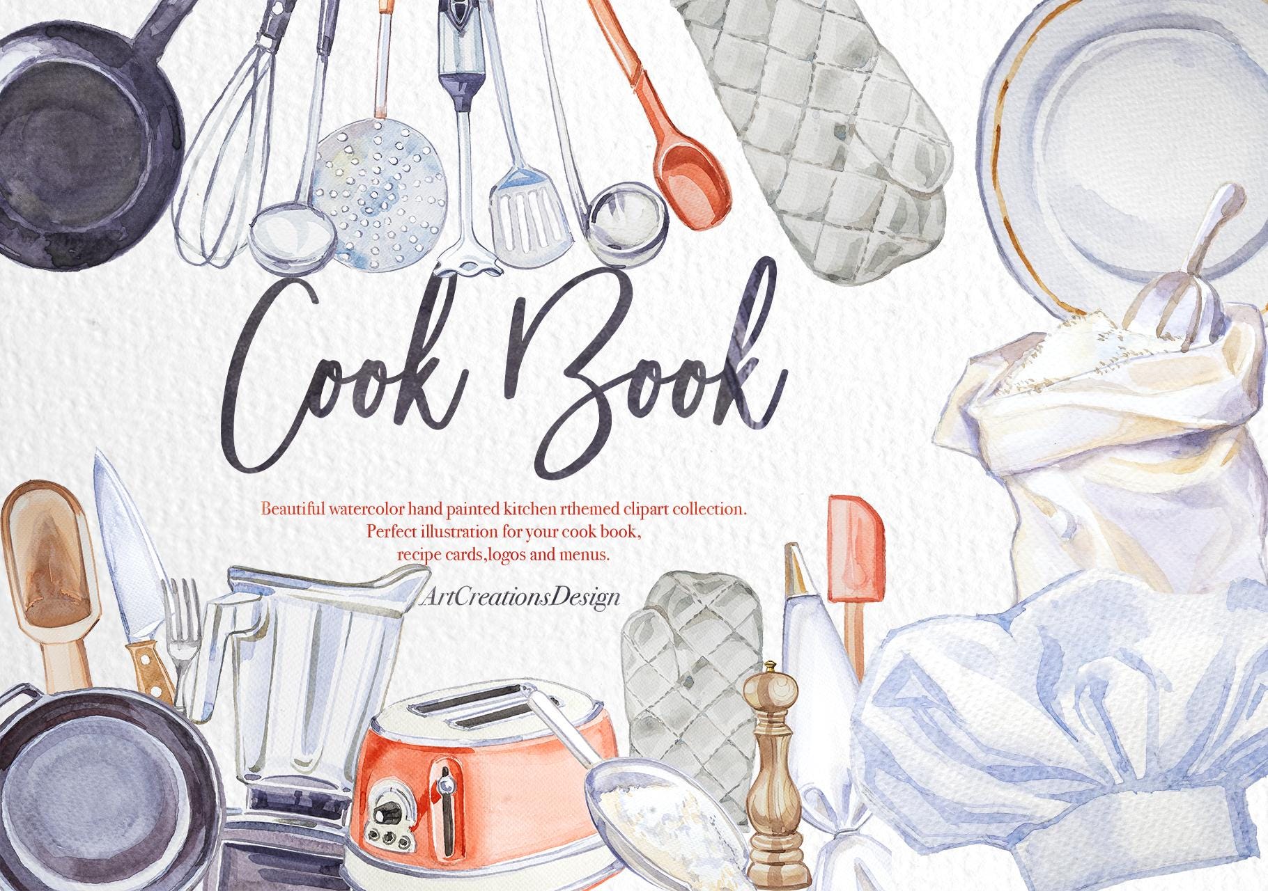 Cookbook Tools Watercolor Cook Book Clipart Set,cookbook Cover,kitchen Utencils ...