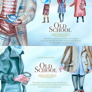 K&ouml;nnte beinhalten: Aquarellillustration mit Figuren in Vintage-Schulkleidung. Das Bild enth&auml;lt den Text "Old School" und erw&auml;hnt ein handgemaltes Aquarell-Schul-Themen-Clip-Art-Set f&uuml;r Projekte. Das Kunstwerk zeigt Sch&uuml;ler und bietet eine nostalgische &Auml;sthetik.
