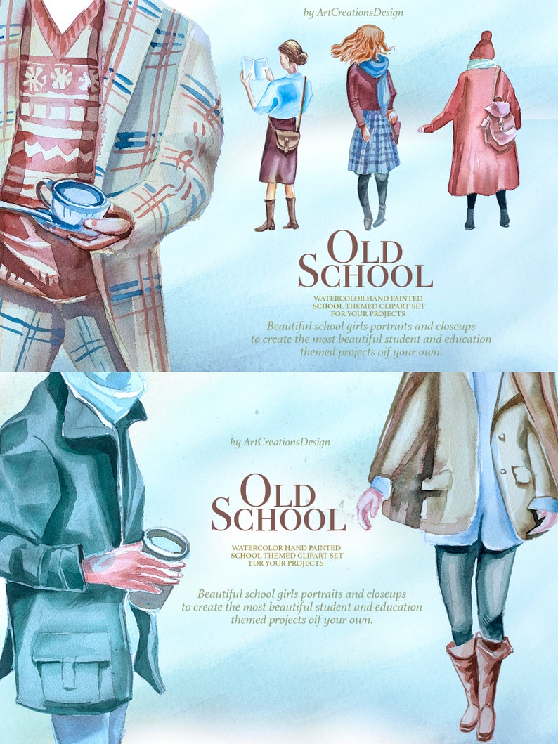 K&ouml;nnte beinhalten: Aquarellillustration mit Figuren in Vintage-Schulkleidung. Das Bild enth&auml;lt den Text "Old School" und erw&auml;hnt ein handgemaltes Aquarell-Schul-Themen-Clip-Art-Set f&uuml;r Projekte. Das Kunstwerk zeigt Sch&uuml;ler und bietet eine nostalgische &Auml;sthetik.
