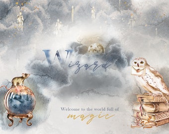 Watercolor Wizard Clipart Set,Magician,Magic World,Owl,Witch Hat,Magic Ball,Books Stack,Halloween Design,Spooky Illustration,Fantasy,Letter