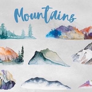 Watercolor Mountains Clipart Set,Camping,Trip,Adventure,Tree,Traveling Clipart,Palm Tree,Backpack,Digital Scrapbooking,Summer Clipart,PNG