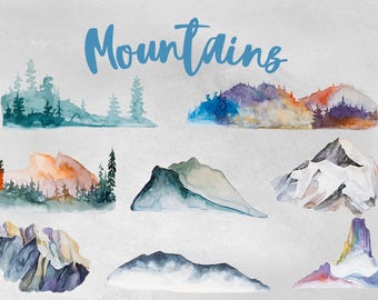Watercolor Mountains Clipart Set,Camping,Trip,Adventure,Tree,Traveling Clipart,Palm Tree,Backpack,Digital Scrapbooking,Summer Clipart,PNG