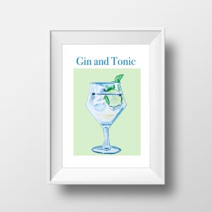 Gin und Tonic Cocktail Poster zum ausdrucken, Digitaldruck, Aquarell Wandkunst, Bar Dekoration, Getränkemalerei