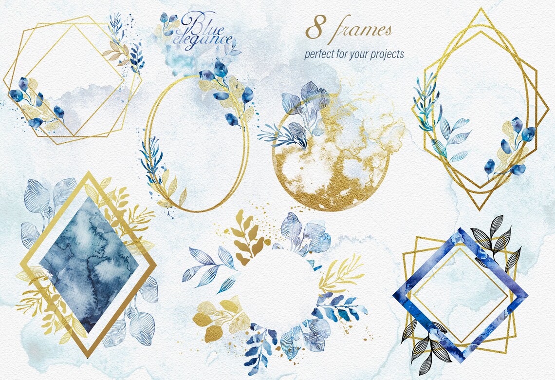 Watercolor Blue and Gold Clipart Setgoldelegant Etsy