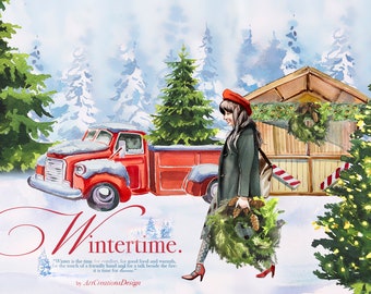 Watercolor Winter Clipart Set, Christmas Village, Retro Truck (PNG, Digital Download)