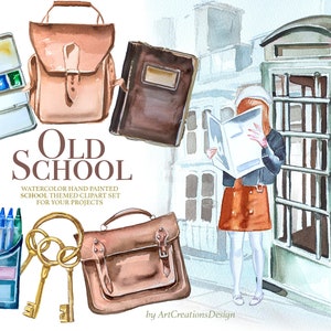Set di clipart acquerello vecchia scuola, ragazza della scuola, materiale scolastico vintage, libri, paesaggi inglesi, studente, zaino, ritorno a scuola, Univercity
