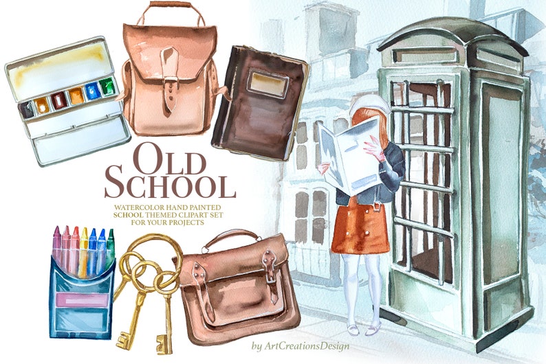 K&ouml;nnte beinhalten: Aquarellillustration mit Elementen zum Thema Schule. Enth&auml;lt eine Schultasche, ein Aquarellfarbenset, ein Buch, ein Federm&auml;ppchen mit Buntstiften und einen Satz Schl&uuml;ssel. Eine Person liest ein Buch in der N&auml;he einer Telefonzelle. Der Text "Old School" ist zu sehen.
