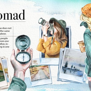 Watercolor Nomad Clipart Set,Travel,Trip,Landscape,Mountains,Camping,School,Backpack,Girl Traveller,Adventure,Photographer,Logo,Journaling