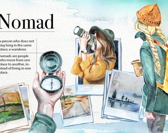 Watercolor Nomad Clipart Set,Travel,Trip,Landscape,Mountains,Camping,School,Backpack,Girl Traveller,Adventure,Photographer,Logo,Journaling