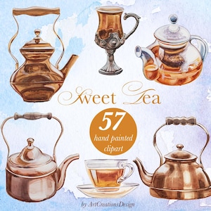 Conjunto de imágenes prediseñadas de té dulce en acuarela, teteras pintadas a mano (descarga digital)