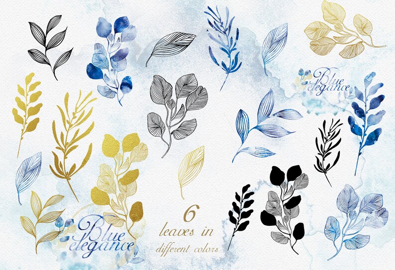 Watercolor Blue and Gold Clipart Setgoldelegant Etsy