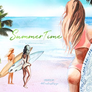 May include: Watercolor illustration of a beach scene with palm trees, a vintage van, and women with surfboards. The text "Summer Time" is written in green script. The overall theme is summer vacation and sea-related activities.