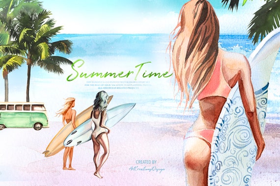 Watercolor Summertime Clipart Bundle,Surfing Clipart,Girl in Swimsuit,Planner Clipart,Stickers,Camping Van,Beach Landscape,Seashell,Ocean