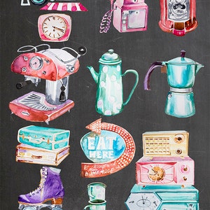 May include: Watercolor illustration of vintage items including a camper, telephone, gumball machine, clock, espresso machine, teapot, coffee pot, suitcases, roller skate, and a sign that says "Eat Here". The words "handpainted watercolor" and "13 elements" are also included.