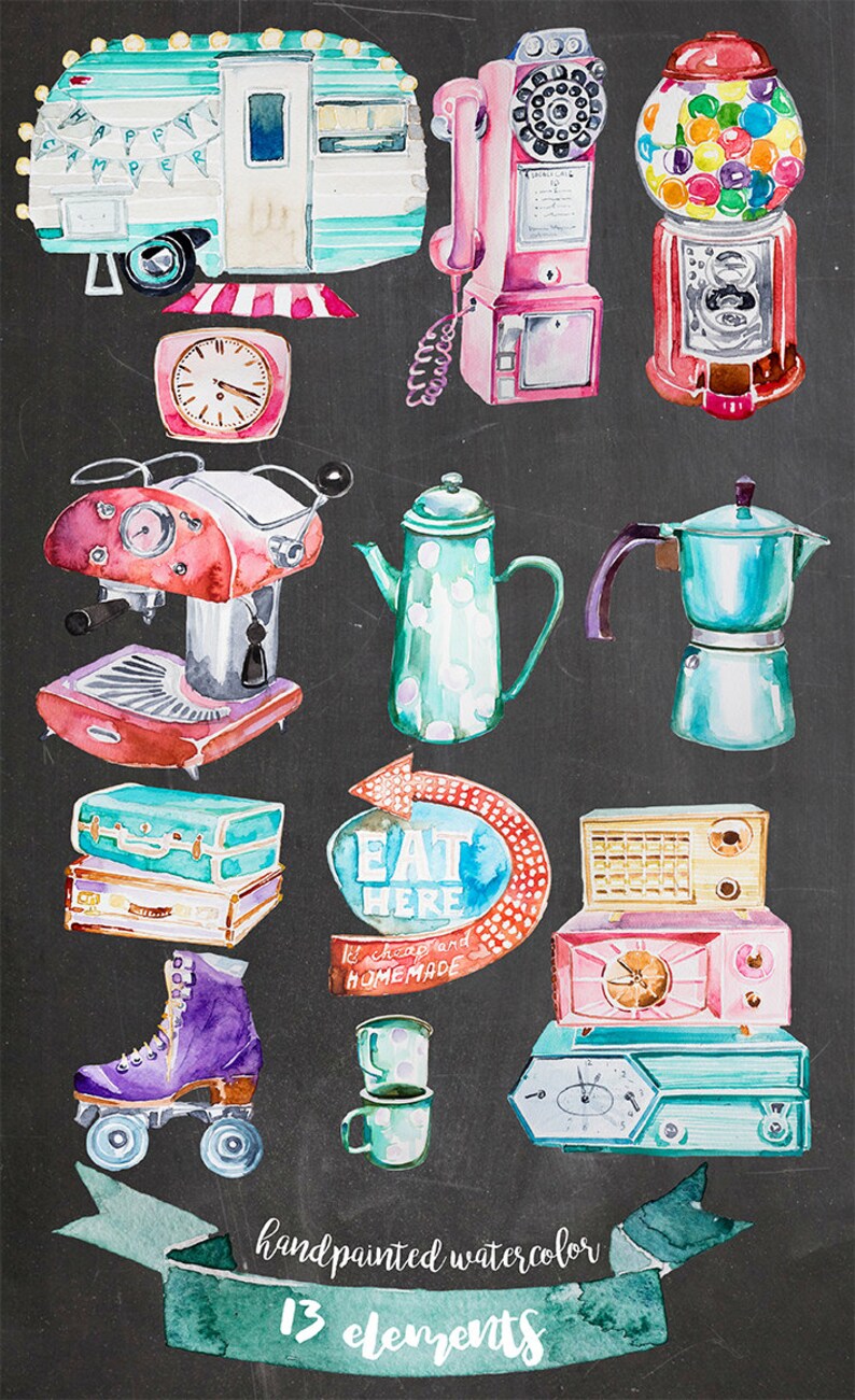 May include: Watercolor illustration of vintage items including a camper, telephone, gumball machine, clock, espresso machine, teapot, coffee pot, suitcases, roller skate, and a sign that says "Eat Here". The words "handpainted watercolor" and "13 elements" are also included.