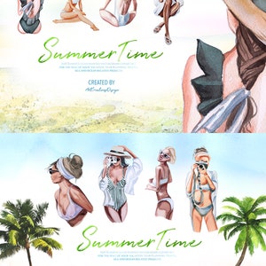 May include: Watercolor clipart set featuring women in swimwear and beach hats, with the text "Summer Time". The illustrations include women posing, reading, and taking photos, with palm trees and a beach scene.