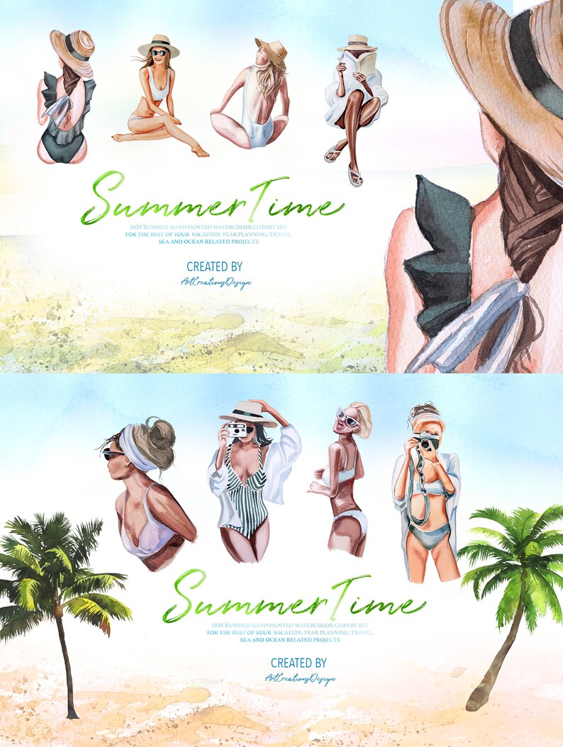 May include: Watercolor clipart set featuring women in swimwear and beach hats, with the text "Summer Time". The illustrations include women posing, reading, and taking photos, with palm trees and a beach scene.