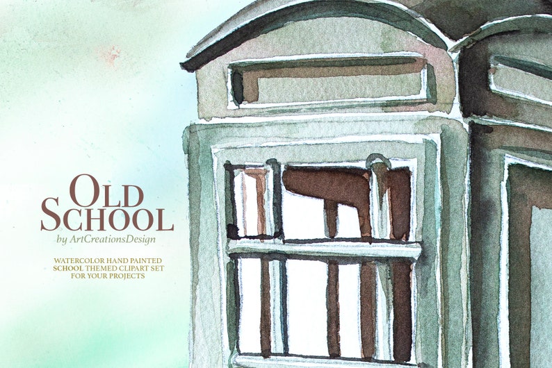 K&ouml;nnte beinhalten: Aquarellillustration eines Geb&auml;udes mit dem Text "OLD SCHOOL" und "by ArtCreationsDesign". Das Bild zeigt ein Schul-Themen-Clip-Art-Set, handgemalt in Aquarell. Das Geb&auml;ude ist in Grau- und Braunt&ouml;nen gemalt.