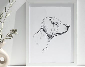 Dog Portrait Sketch Art Print, Charcoal Drawing, Canine Wall Decor