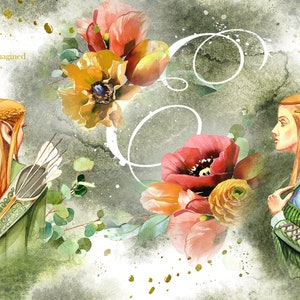 Aquarel elf clipartset, fantasie, fantastische wezens, verbeelding, boselfen, tovenaar, magisch, magie, pijl, krijger, bloemboeket, klaproos