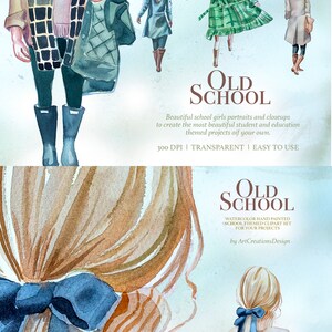 K&ouml;nnte beinhalten: Aquarellillustrationen von M&auml;dchen zum Thema Schule in verschiedenen Outfits. Das Bild enth&auml;lt den Text "Old School" und Details &uuml;ber das Clipart-Set, einschlie&szlig;lich "300 DPI | TRANSPARENT | EASY TO USE".